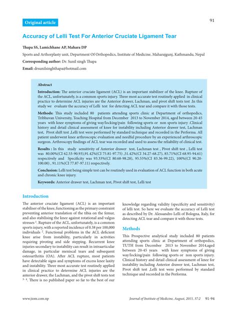 accuracy of lelli test for anterior cruciate ligament tear|anterior cruciate ligament test accuracy.